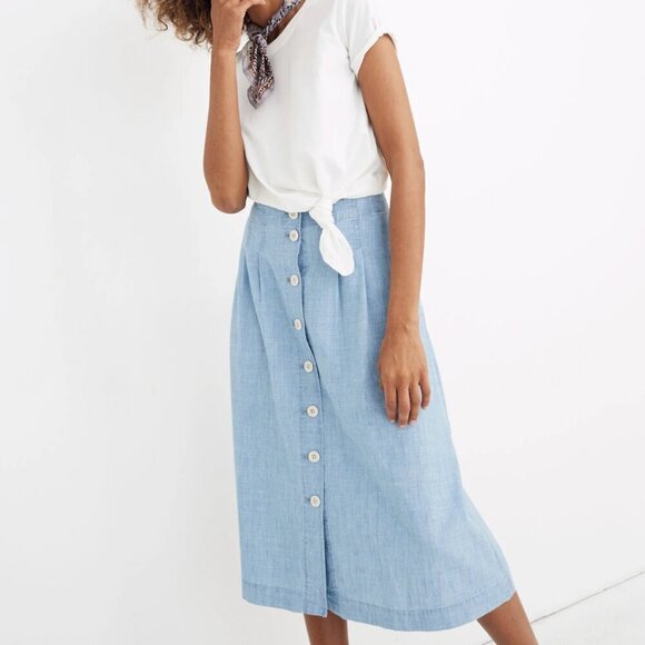 Madewell Dresses & Skirts - Madewell Chambray Patio Button-Front Midi Skirt Weatherly Wash Womens Sz 0